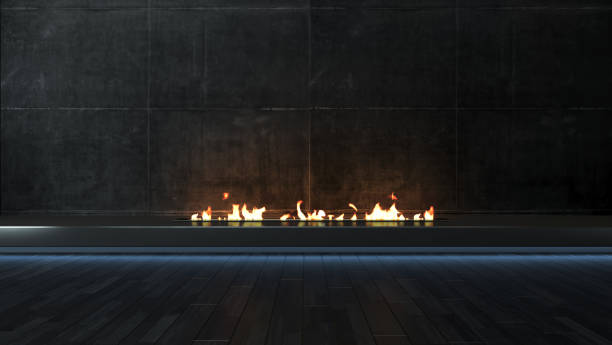 istock Modern black fireplace furniture design idea with dark concrete wall and light effect concept for home and office place 3D rendering 1287664070