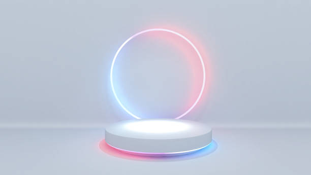 istock White product display area concept created with cylinder product platform and red, blue neon circular rings on concrete wall 3D rendering 1287664216