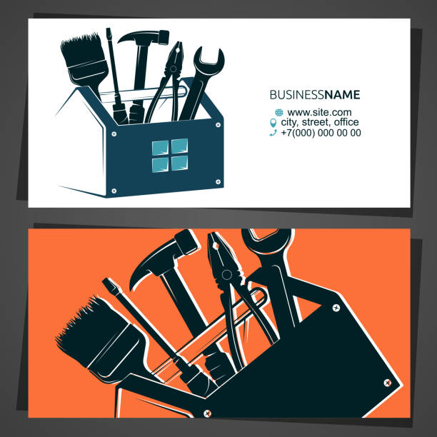 writing toolkit clipart Handyman repair and construction business card Renovation and construction business card design for handyman toolbox stock illustrations