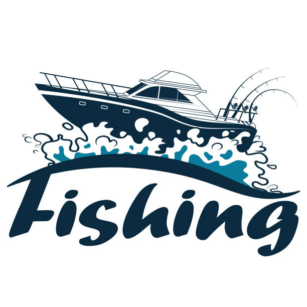 ilustrações de stock, clip art, desenhos animados e ícones de fishing boat with rods on the waves - tuna silhouette fish saltwater fish