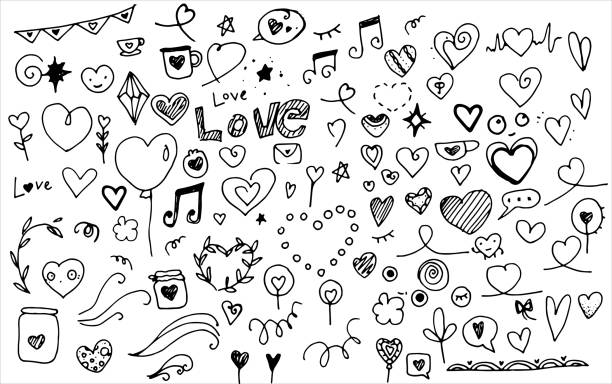 ilustrações de stock, clip art, desenhos animados e ícones de set of hand-drawn doodle vector love elements for wedding, valentine's day greeting cards, stickers, stamp design. vector illustration with heart, love, speech bubble, arrow, text caption. hand-drawn sketch style - caption