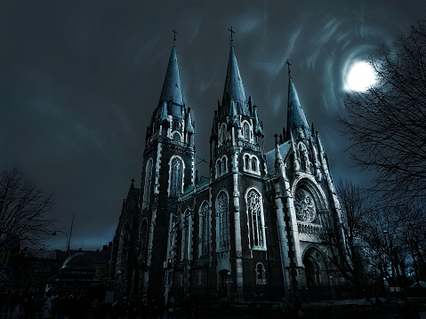 Ancient mysterious church in the Gothic style at night in the moonlight. Majestic Christian cathedral.
