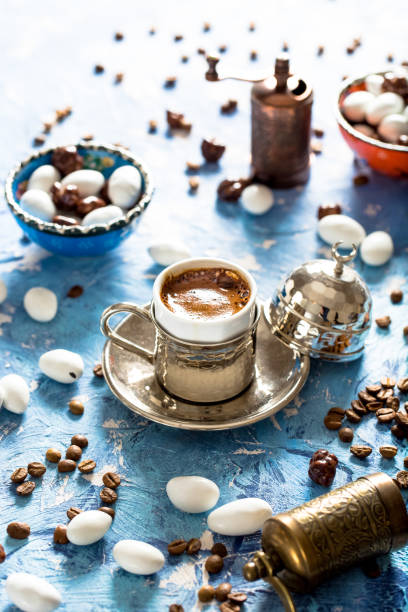 istock Delicious Turkish Coffee on a Colorful Background 1287675094