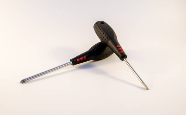 istock Pair of screwdrivers with black rubber handle. Copy space. 1287675226