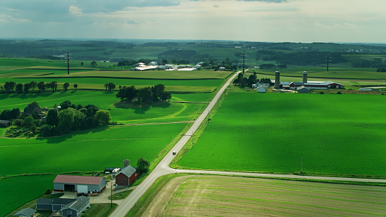 Aerial view of the rolling landscape of Dane County, Wisconsin, close to the village of Waunakee.