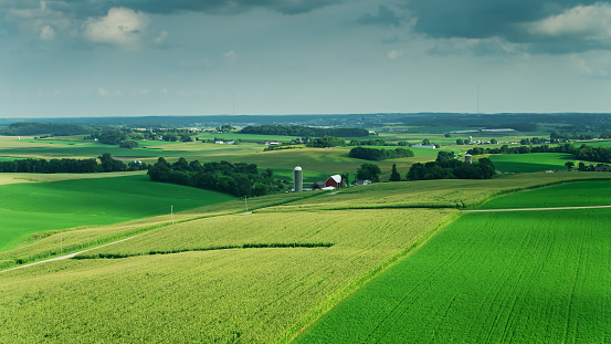 Aerial view of the rolling landscape of Dane County, Wisconsin, close to the village of Waunakee.