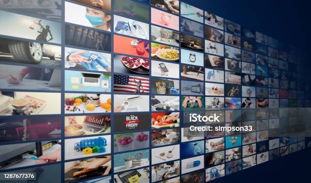텔레비전 스트리밍 멀티미디어 벽 개념 광고에 대한 스톡 사진 및 기타 이미지 - 광고, 매스컴, 텔레비전 산업