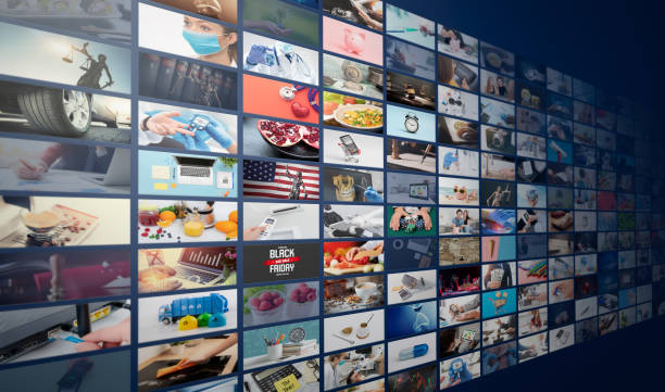 Television streaming, multimedia wall concept Television streaming, TV broadcast. Multimedia wall concept. ad spend stock pictures, royalty-free photos & images