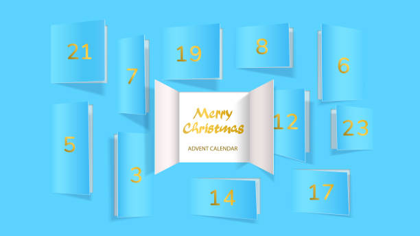 boże narodzenie kalendarz adwentowy otwarcie drzwi - gift blue christmas religious celebration stock illustrations