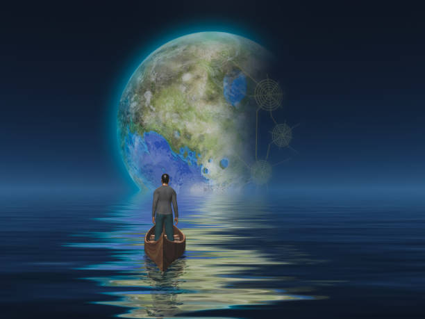 istock Man in boat on water surface against the planet 1287678942