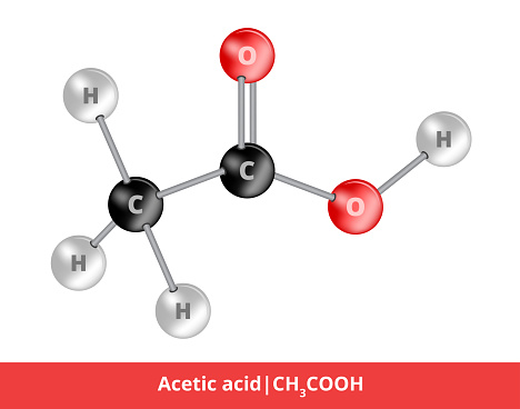 Illustration of the structural formula of acetic acid CH3COOH. The second simplest organic carboxylic acid. Its aqueous solution with a concentration of 8 % or more is called vinegar. Carbon, hydrogen, and oxygen compound. The icon of this liquid, which is suitable for education or science is isolated on a white background.