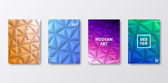 Set of four vertical brochure templates with modern and trendy backgrounds, isolated on blank background. Abstract geometric illustrations in a low poly style. Polygonal mosaics with beautiful color gradients (colors used: Purple, Pink, Orange, Green, Brown, Blue, Black, Beige, Turquoise). Can be used for different designs, such as brochure, cover design, magazine, business annual report, flyer, leaflet, presentations... Template for your own design, with space for your text. The layers are named to facilitate your customization. Vector Illustration (EPS10, well layered and grouped), wide format (2:1). Easy to edit, manipulate, resize and colorize.