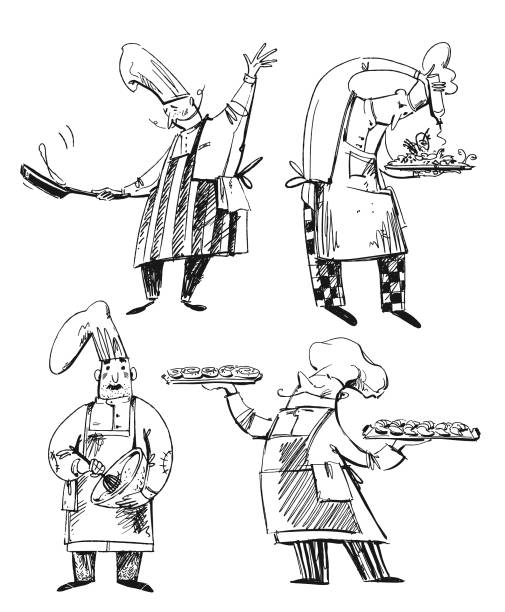 Set of chefs, line drawings of baker, chef, cooking. Professions illustration