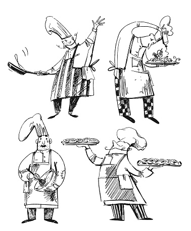 Set of chefs, line drawings of baker, chef, cooking. Professions illustration