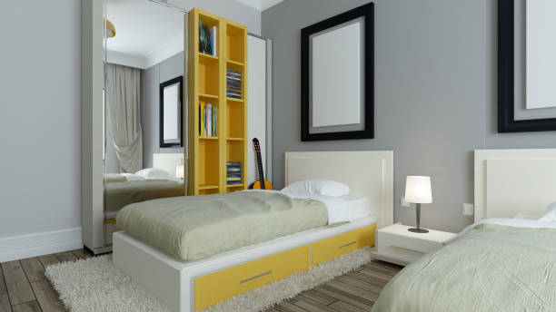 Modern dorm room, grey walls, yellow bookcase, twin bed with photo frame interior design 3D rendering stock photo