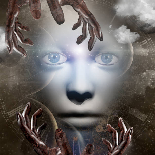 istock Human face with hands and universe in sepia 1287682685