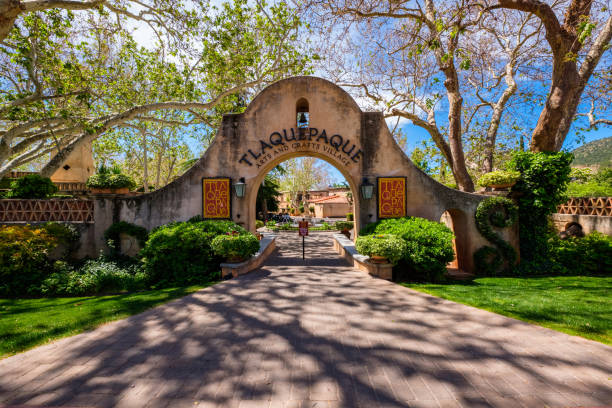 Sedona, Arizona USA - May 2, 2017: The Tlaquepaque Arts and Crafts Village, with vintage adobe style architecture, is a popular tourist destination filled with retail shops and restaurants.