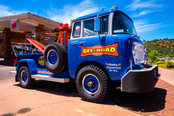 Sedona, Arizona USA - May 2, 2017: Vintage colorful 1959 tow truck parked along highway 89 in this popular small tourist town.