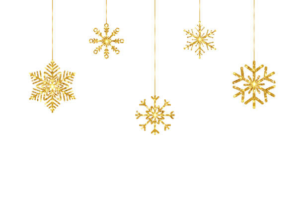 istock Christmas gold hanging snowflakes on white background. Celebration party design elements. Glitter golden decoration garland. Happy New Year border. Luxury greeting card. Vector illustration 1287686088