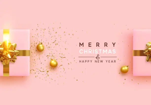 Vector illustration of Christmas background. Realistic pink gift boxes, with shiny golden confetti, Xmas balls, decorative baubles. Flat lay, top view. Festive New Year poster, greeting cards, banner