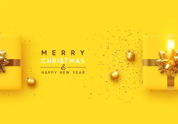 Vector illustration of Christmas background. Realistic yellow gift boxes, with shiny golden confetti, Xmas balls, decorative baubles. Flat lay, top view. Festive New Year poster, greeting cards, banner. vector illustration