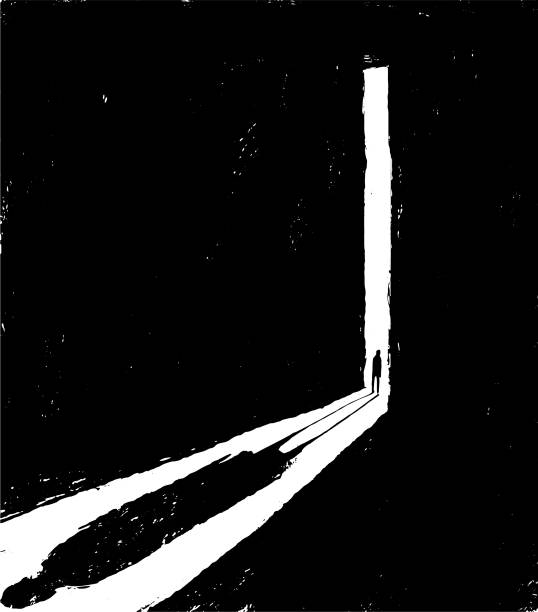 ilustrações, clipart, desenhos animados e ícones de ilustração de um peson abrindo uma porta para uma sala escura. estado de depressão e solidão, vetor. - solitude