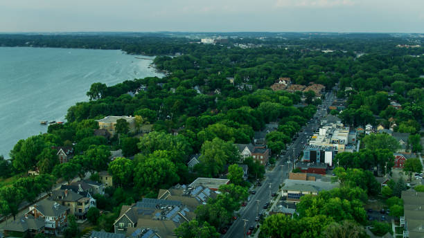 Drone Shot of Johnson St in Madison, Wisconsin Aerial establishing shot of Madison, Wisconsin at sunset. lake monona photos stock pictures, royalty-free photos & images
