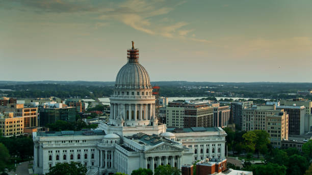 istock Setting Sunlight Shining on Wisconsin State Capitol Dome - Aerial 1287689963
