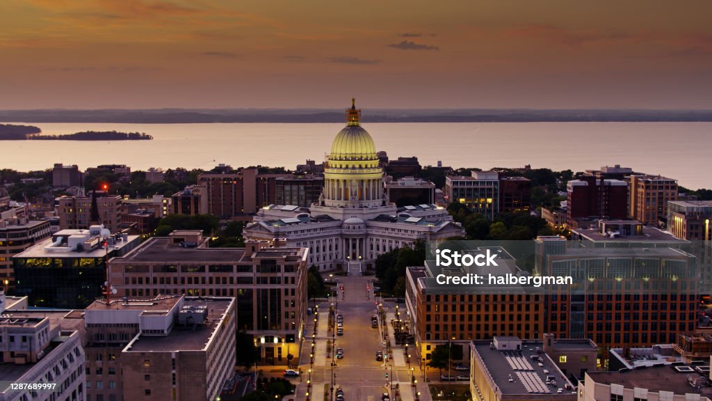 View from Drone Flight Over Madison, Wisconsin at Sunset Aerial shot of Madison, Wisconsin at sunset. Wisconsin Stock Photo
