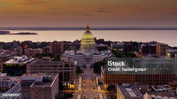 View From Drone Flight Over Madison Wisconsin At Sunset Stock Photo - Download Image Now