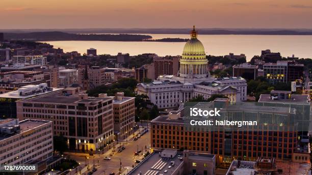 Aerial View Of Wisconsin State Capitol Downtown Madison And Lake Mendota At Sunset Stock Photo - Download Image Now