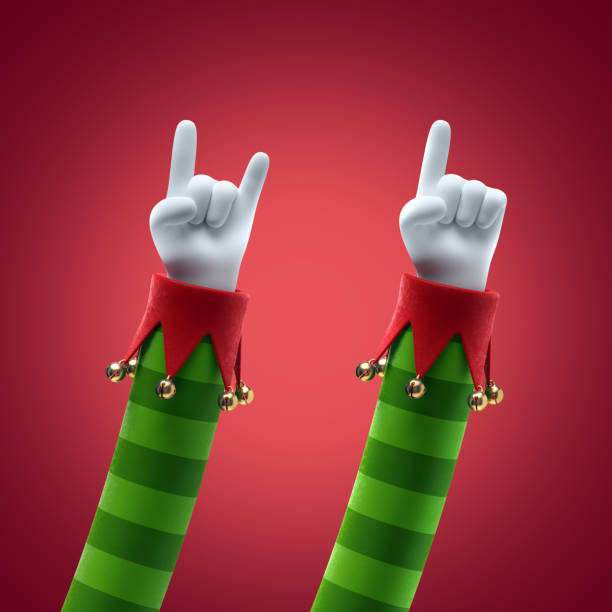 3d render, Christmas hands clip art isolated on red background, elf toy cartoon character. Finger shows direction, rock party gesture 3d render, Christmas hands clip art isolated on red background, elf toy cartoon character. Finger shows direction, rock party gesture santa claus elf assistance christmas stock pictures, royalty-free photos & images