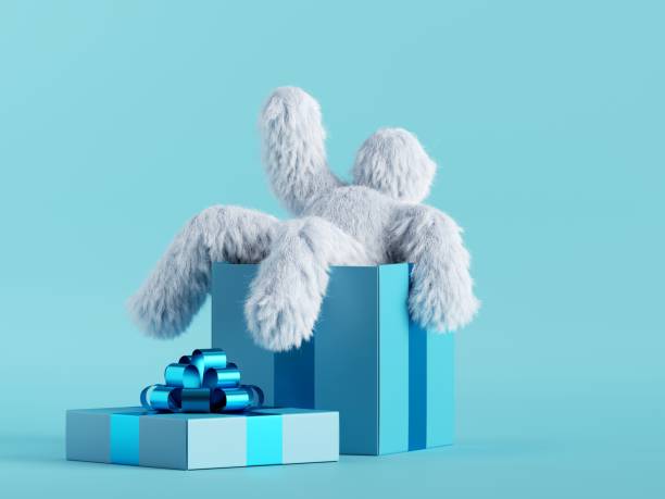 istock 3d render, white hairy yeti sits inside the big gift box, bigfoot cartoon character celebrating. Festive clip art isolated on mint blue background 1287690317