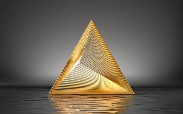 istock 3d render, abstract golden pyramid isolated on black background with reflection in the water on the wet floor. Modern minimal geometric shape 1287690423