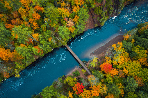 Beautiful travel or tourism style look down aerial of pedestrian foot bridge across the Bad River at Copper Falls park with colorful fall foliage lining the river banks in autumn in Mellen, Wisconsin.