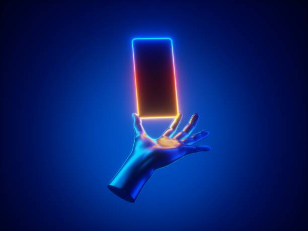istock 3d render mannequin hand hold smart phone gadget in vertical position, illuminated with neon light. Electronic device isolated on blue background. Minimal futuristic touchscreen technology concept 1287690459