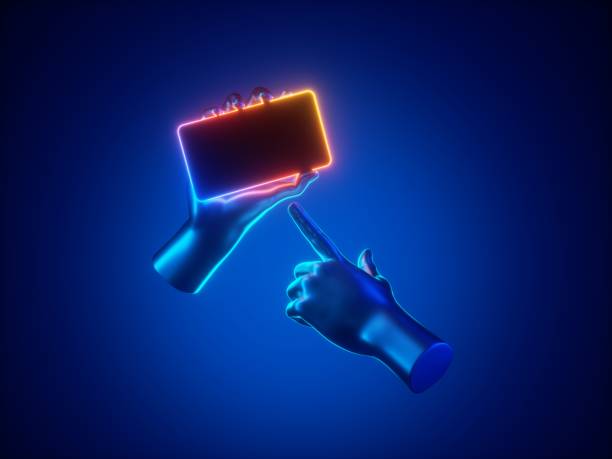 istock 3d render mannequin hand hold smart phone gadget in horizontal position, illuminated with neon light. Electronic device isolated on blue background. Minimal futuristic touchscreen technology concept 1287690469