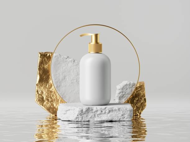 istock 3d render, white cosmetic bottle jar with golden dispenser cap, placed on rough cobblestone platform. Abstract beauty product presentation. Minimal blank package mockup, commercial showcase 1287690496