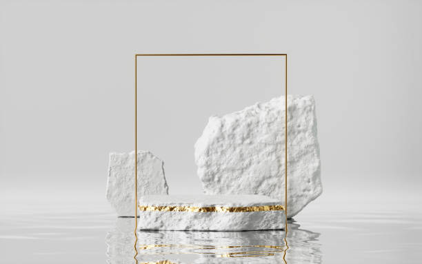 istock 3d render, abstract modern minimal background with golden square frame, white cobble and reflection in the water on the wet floor. Empty podium. Blank showcase mockup for product displaying 1287690535