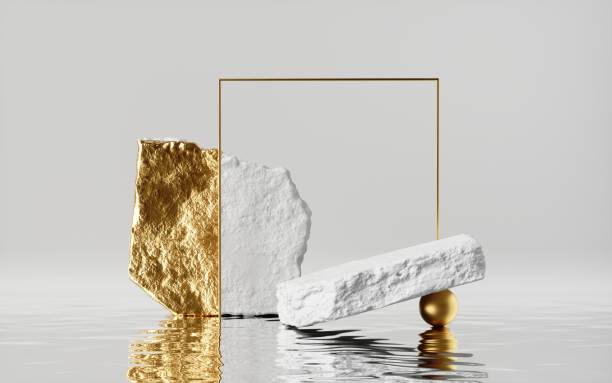 istock 3d render, abstract modern minimal background with golden cobblestones and reflection in the water. Trendy showcase with golden square frame for product displaying 1287690575