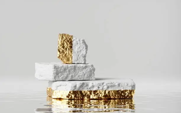 3d render, abstract minimal white background with rough golden cobblestones, reflection in the water on the wet floor. Trendy fashion showcase with stone platform for product displaying
