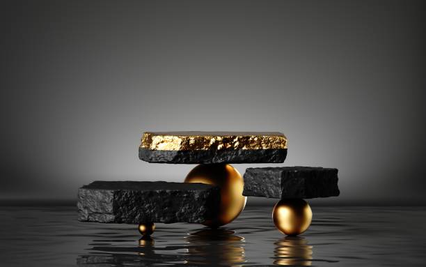 istock 3d render, abstract modern minimal background with black and gold cobblestones, reflection in the water. Black friday sale showcase with empty platforms for product displaying 1287690623