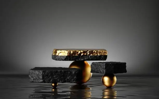 3d render, abstract modern minimal background with black and gold cobblestones, reflection in the water. Black friday sale showcase with empty platforms for product displaying