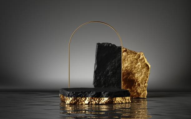 istock 3d render, abstract black and gold background with cobblestones and golden arch frame, stand on the wet floor with reflection, modern minimal showcase for product display. Empty stage with podium 1287690655