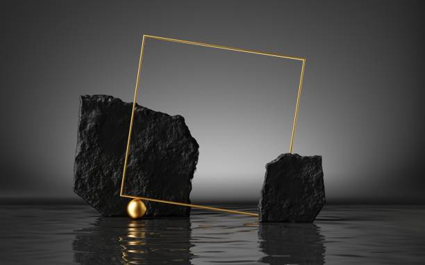 istock 3d render, abstract black background with cobblestones and golden square frame, liquid floor with reflection in the water, modern minimal showcase for product presentation 1287690686