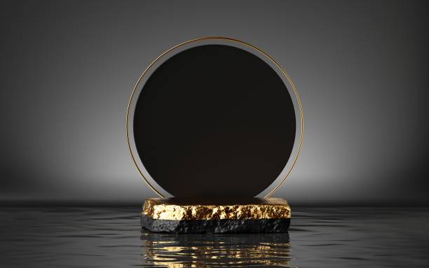 istock 3d render, abstract modern minimal background with golden cobble platform, round black board and reflection in the water. Empty podium. Blank showcase mockup for product displaying 1287690704