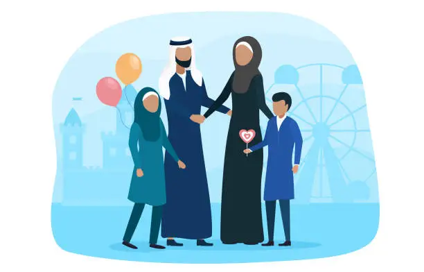 Vector illustration of Muslim family walking with kid in amusement park