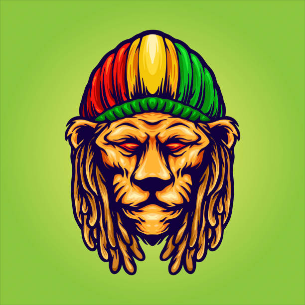 ilustrações, clipart, desenhos animados e ícones de head lion com mascote de chapéu jamaicano para o seu trabalho linha de roupas de mercadorias logo, adesivos e pôster, cartões de saudação publicidade empresa ou marcas - street style