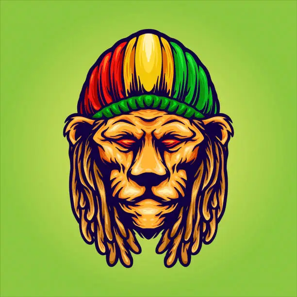 Vector illustration of Head Lion with Jamaican hat mascot for your work Logo merchandise clothing line, stickers and poster, greeting cards advertising business company or brands