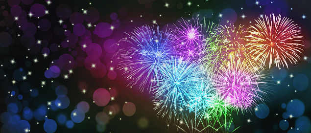 Colorful firework with bokeh background. New Year celebration, Abstract holiday background